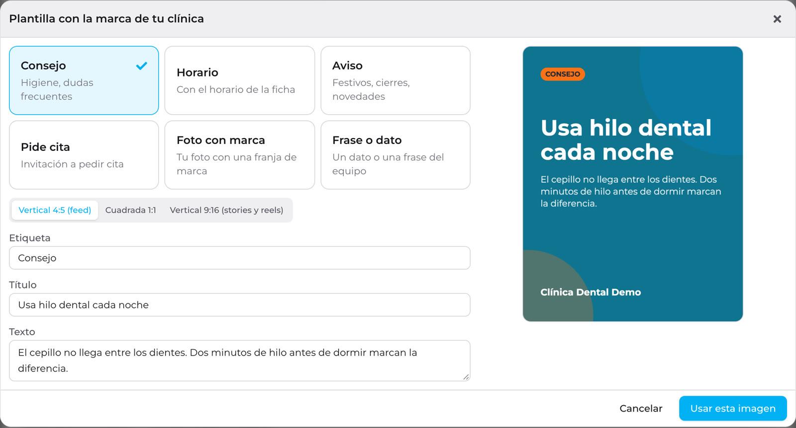 Plantilla amb la marca de la clínica: tries el disseny, escrius el títol i la imatge es dibuixa sola